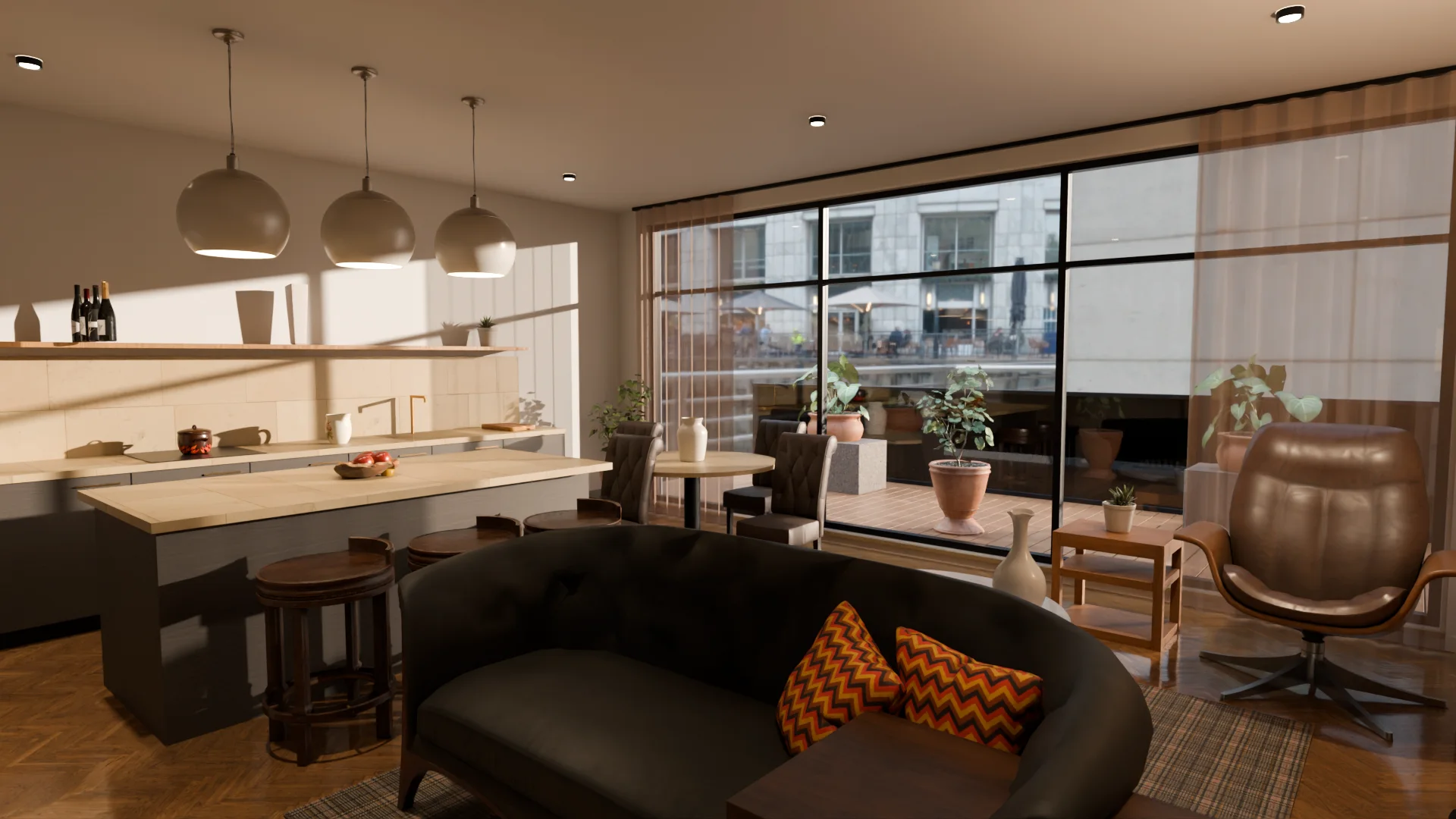 The demo apartment seen from outside as a white box; a section cut slides through it and opens the living room with its kitchen island, the round table by the window wall and the bedroom.